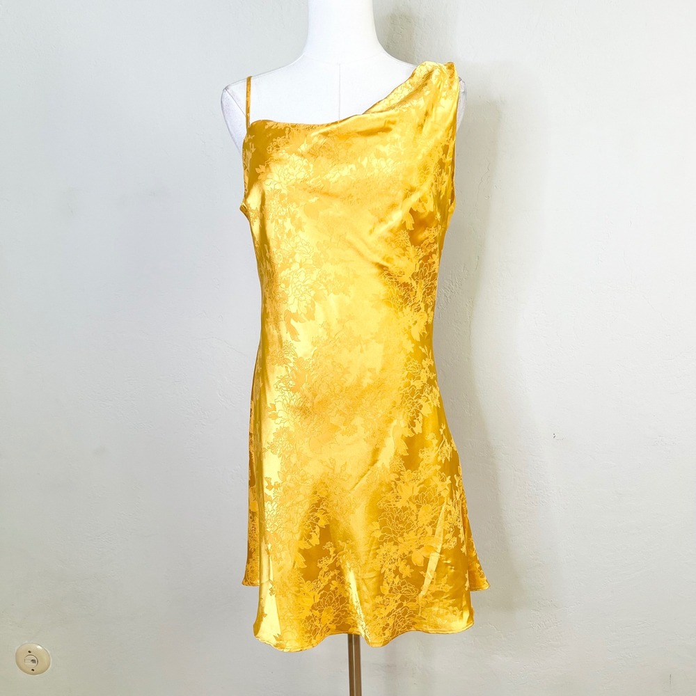 Lulus Mini Dress Size Large Yellow Floral Satin Jacquard Asymmetrical Shoulder - Picture 1 of 9